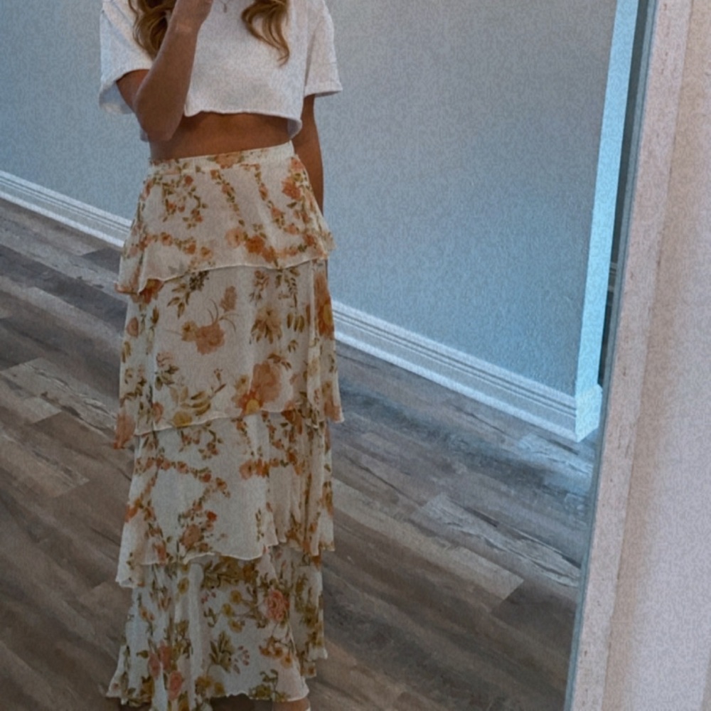 Zara Cream Floral Tiered Maxi Skirt